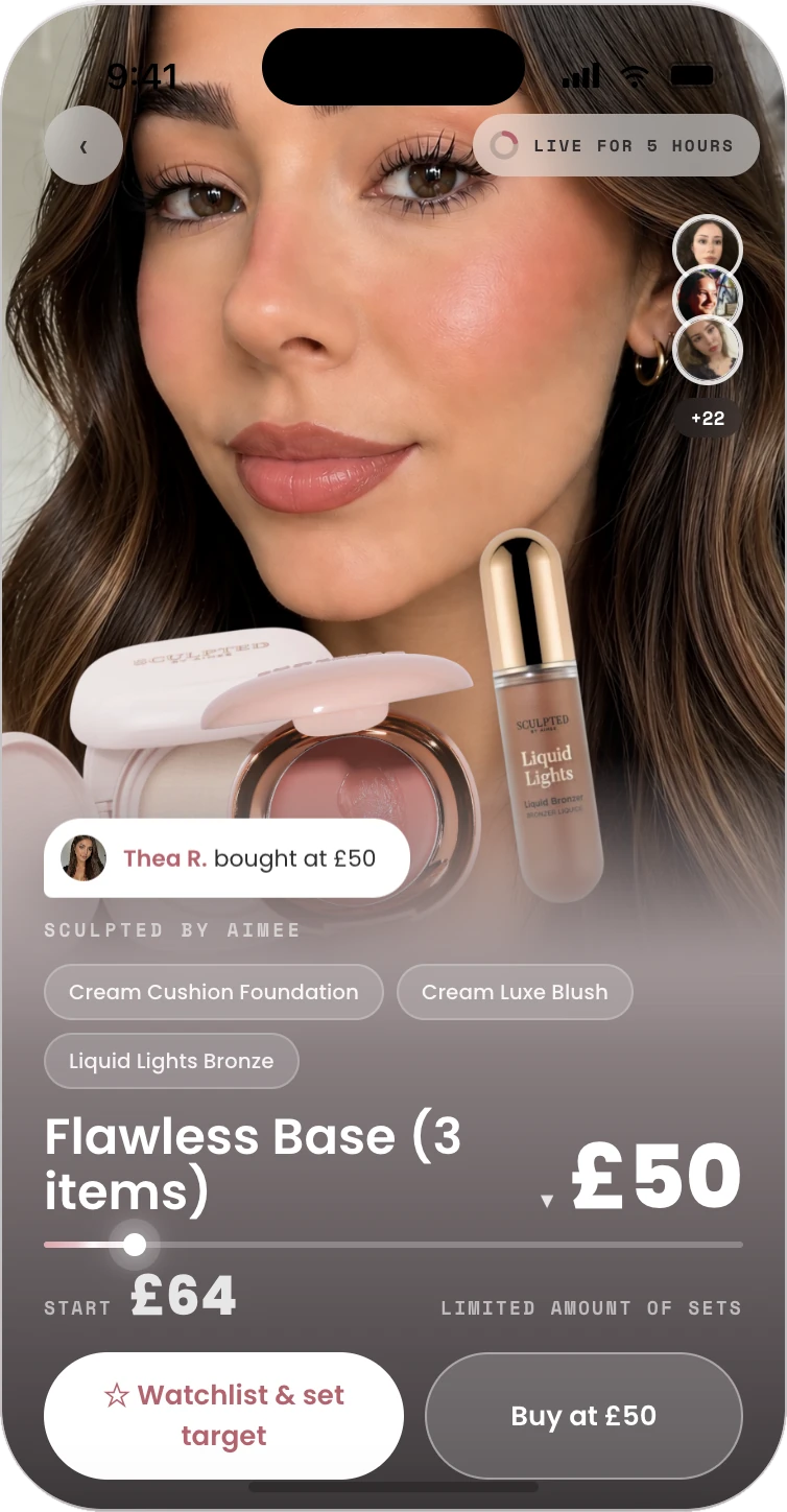 A live Glanzy drop: Sculpted by Aimee's Flawless Base set, opened at £64 and down to £64